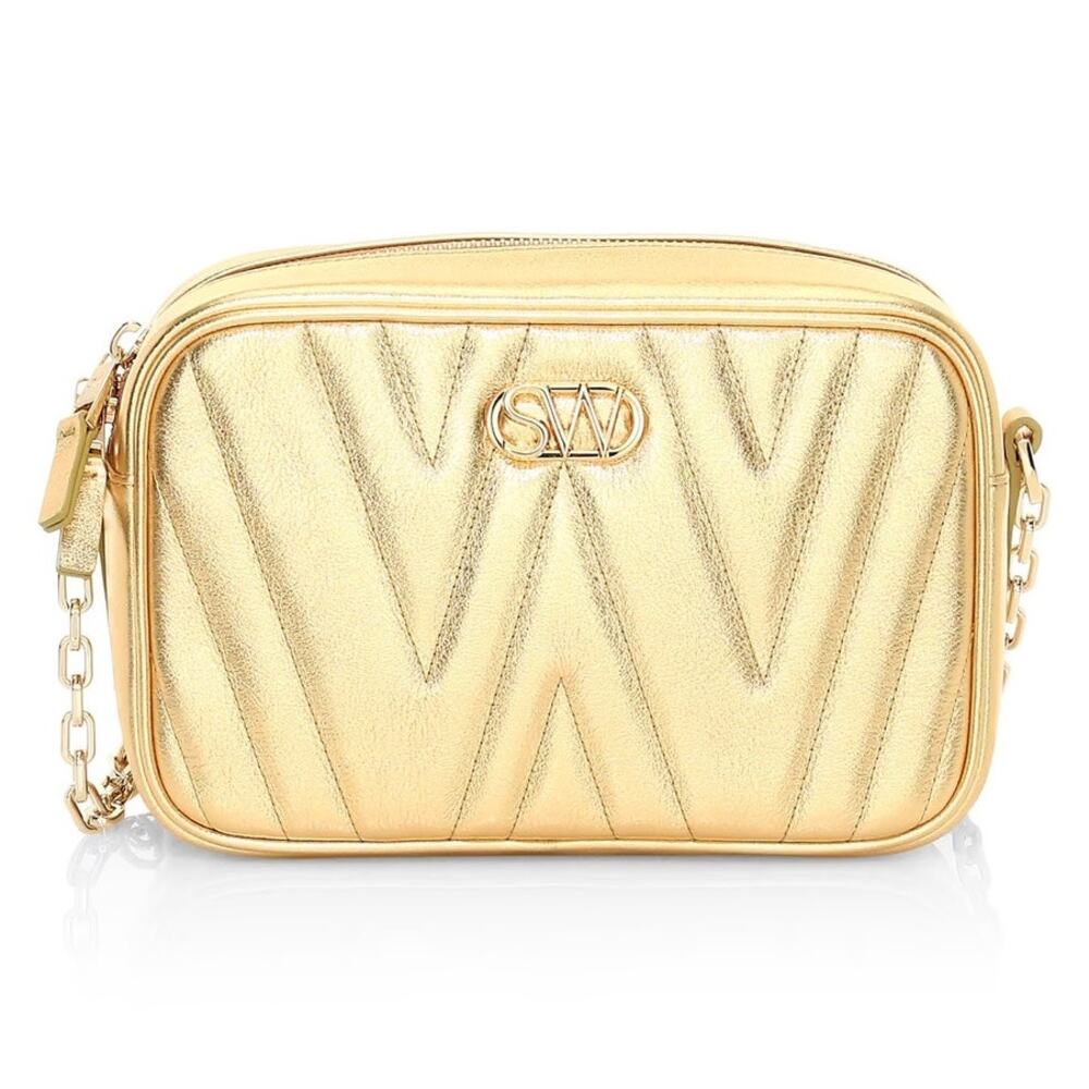 Stuart Weitzman Purse Reana Quilted Metallic Leather Camera Bag Gold Crossbody